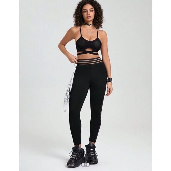 Slayoga High Waist Solid Color Mesh Contrast Yoga Leggings - Picture 13 of 13